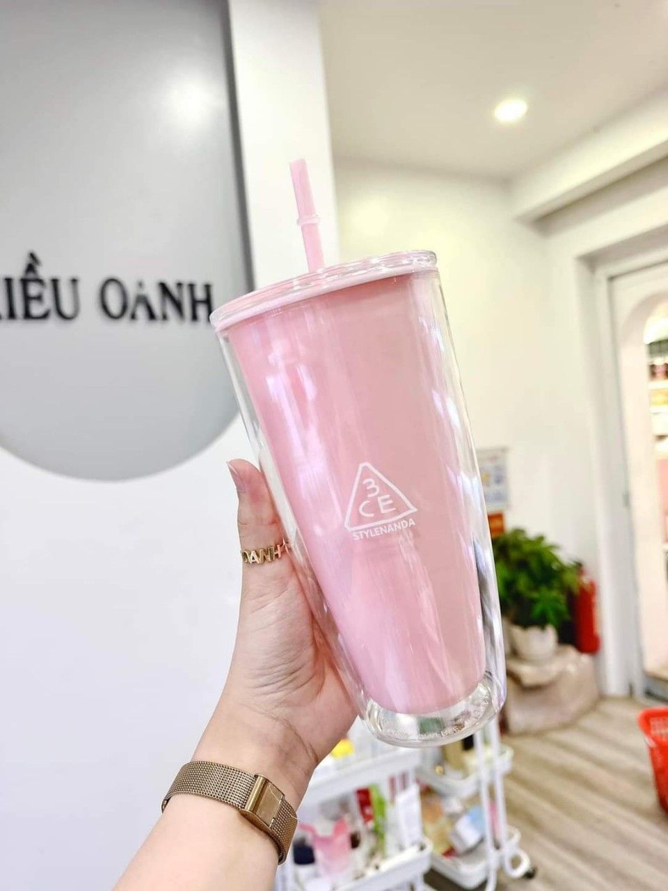 BÌNH NƯỚC 3CE HỒNG PASTE _ KÈM ỐNG HÚT