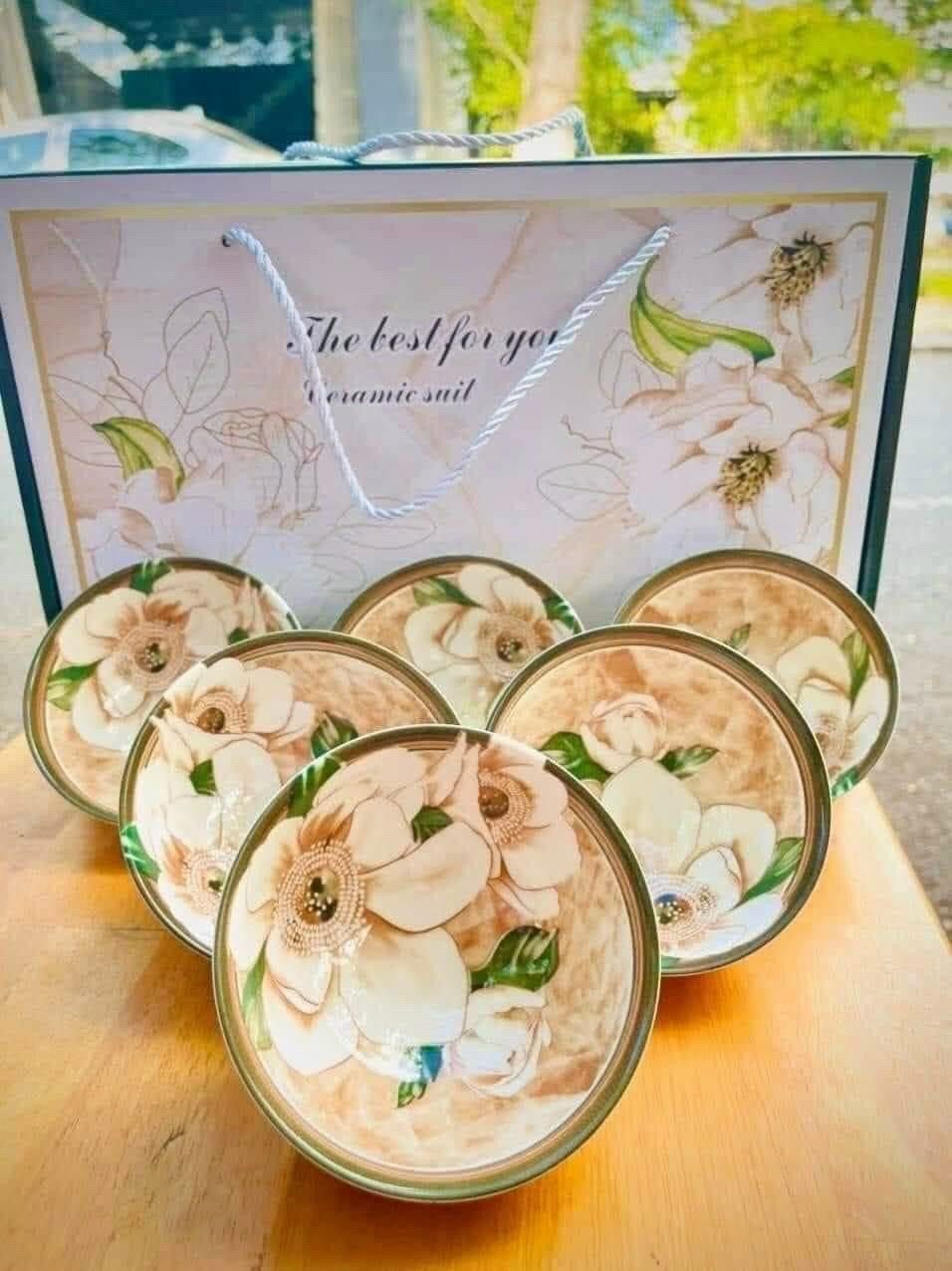 BỘ 6 CHÉN HOA- 6 ĐŨA - VIỀN XANH