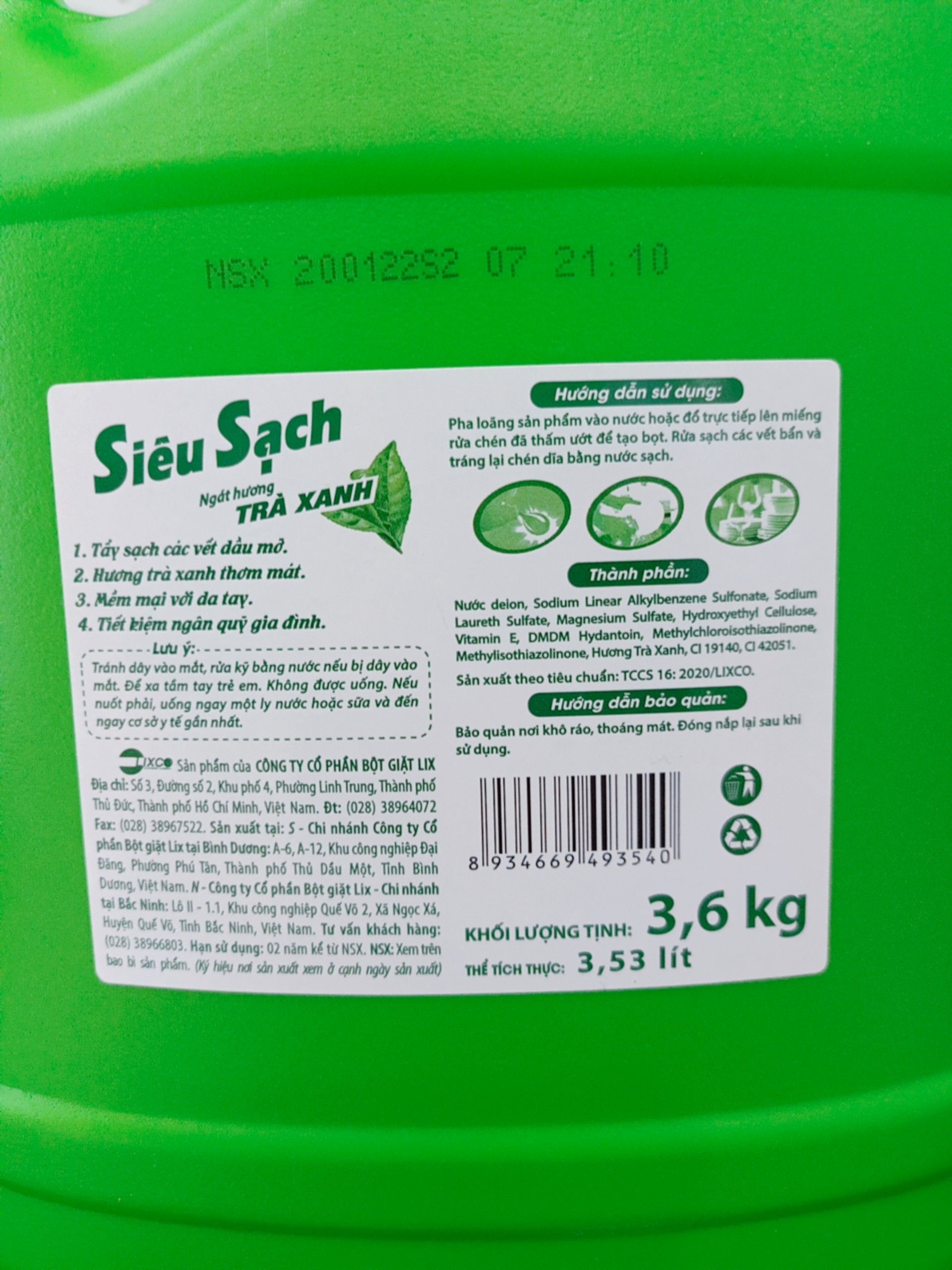 NƯỚC RỬA CHÉN SIÊU SẠCH TRÀ XANH - 3L6