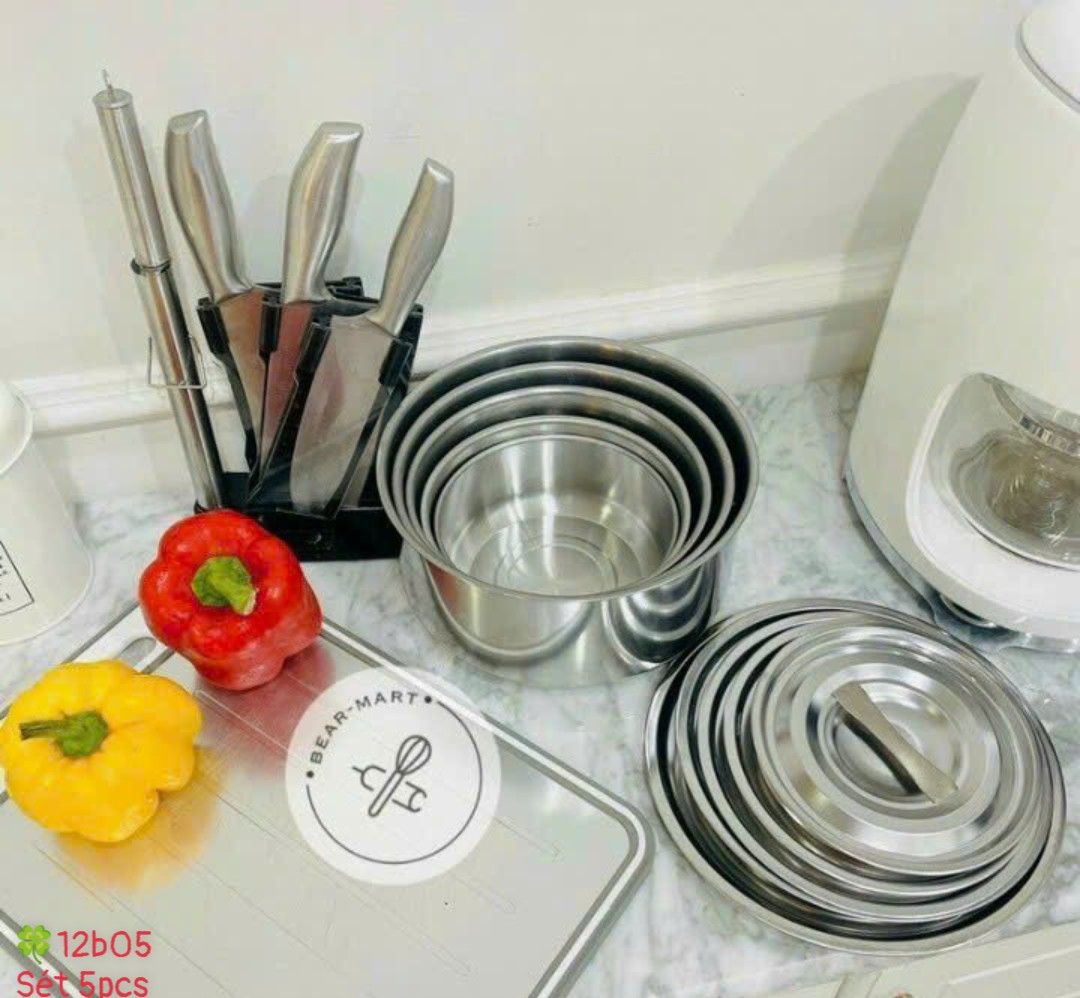 Bộ 5 Thố Inox Không Quai Có Nắp Đậy